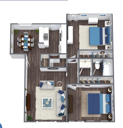 Floor plan for 2 beds, 1 bath, 873 sqft
